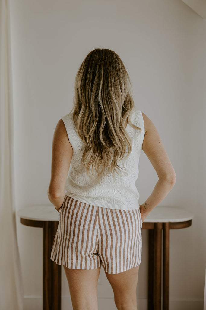 Striped Linen Short with Pocket - Brown