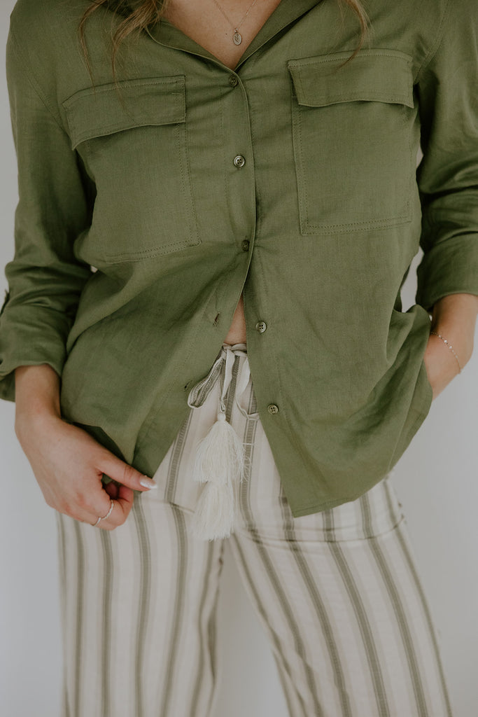 Striped Relaxed Linen Pant - Olive