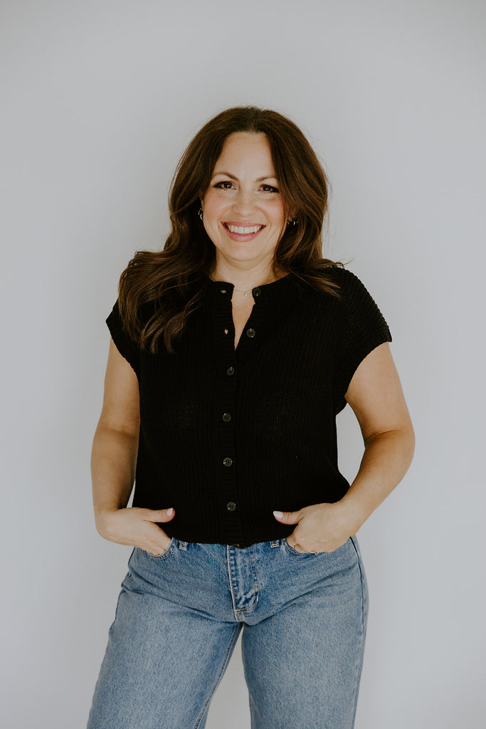 Knit Button Down Vest - Black