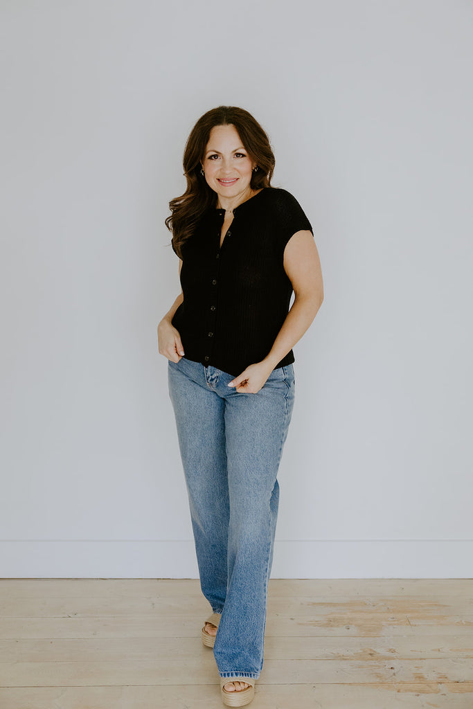 Knit Button Down Vest - Black