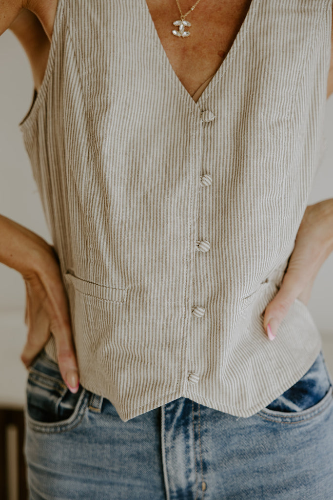 Thin Stripe Vest - Khaki and White