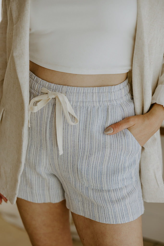 Striped Shorts with Drawstring - Denim Blue