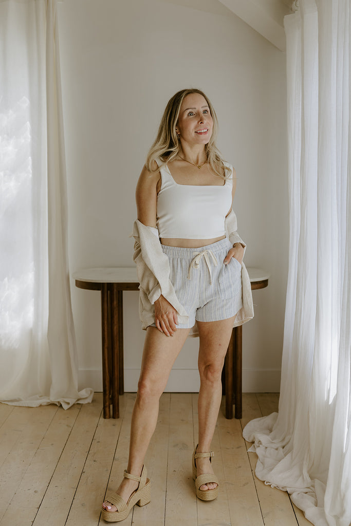 Striped Shorts with Drawstring - Denim Blue
