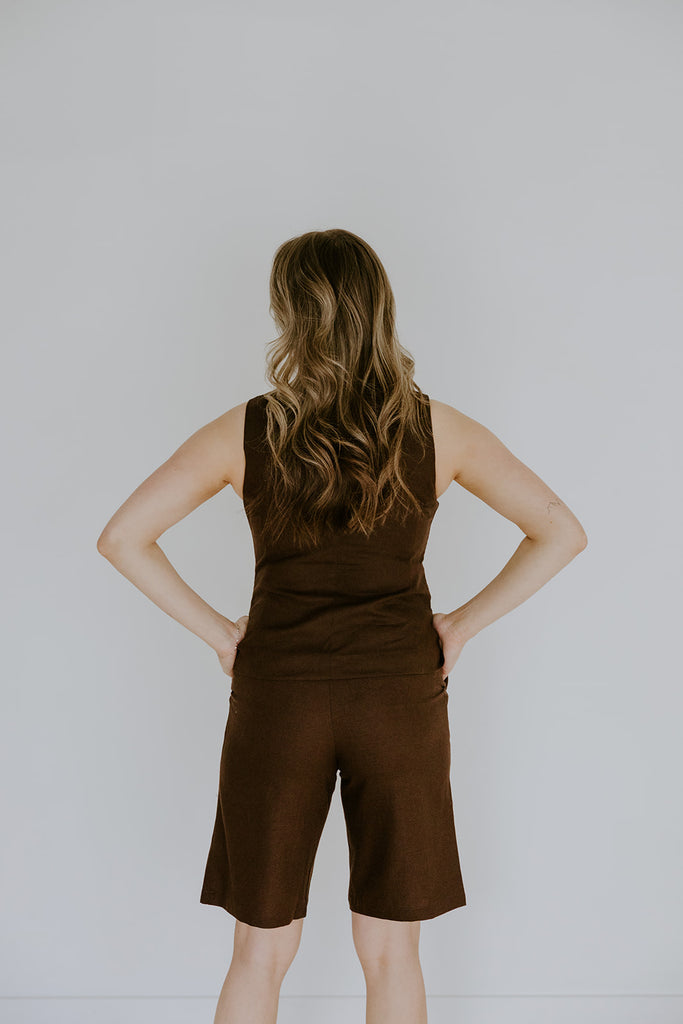 Linen Vest and Shorts Set - Brown