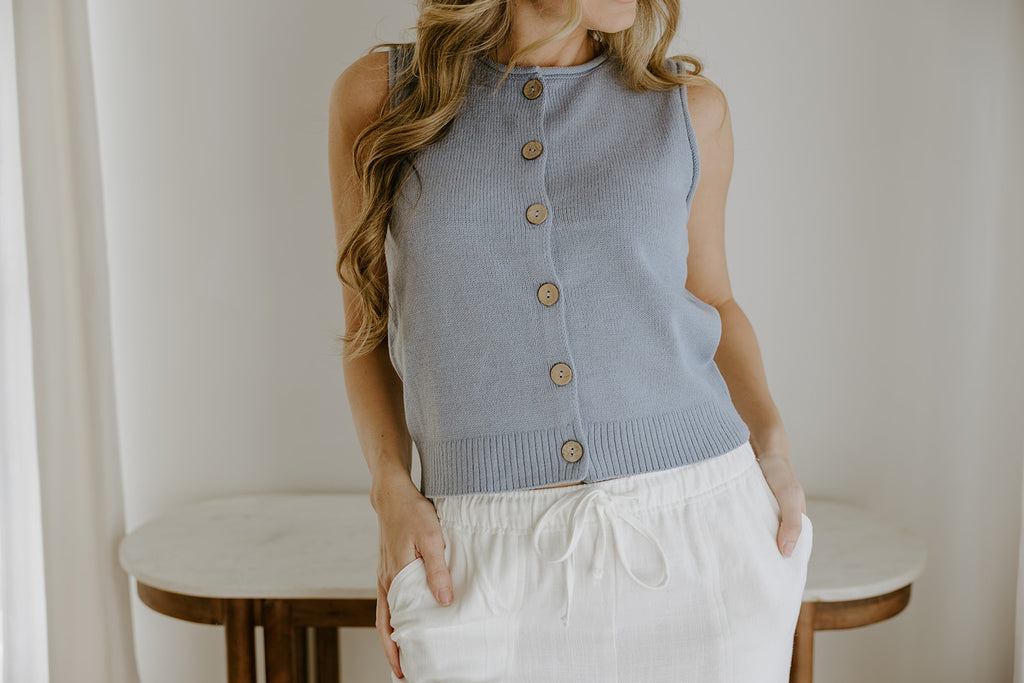 Rolled Hem Sleeveless Vest - Blue