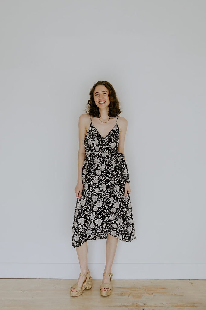 Printed Faux Wrap Midi - Black