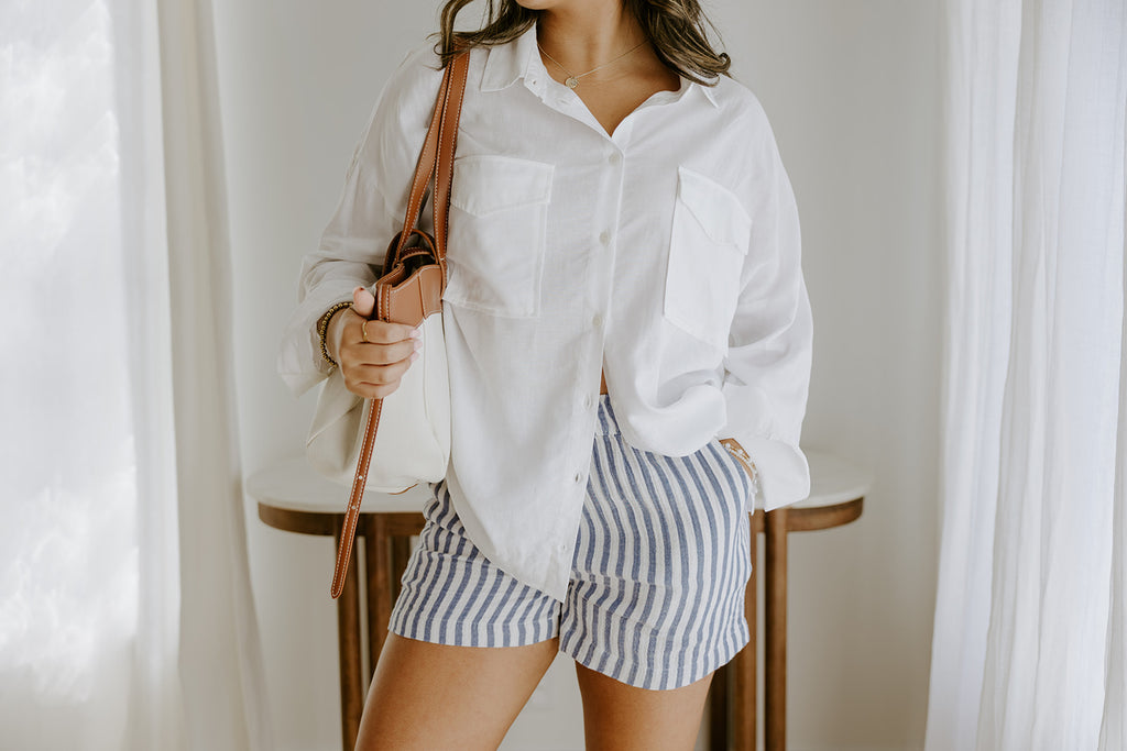 Striped Linen Short with Pocket - Navy
