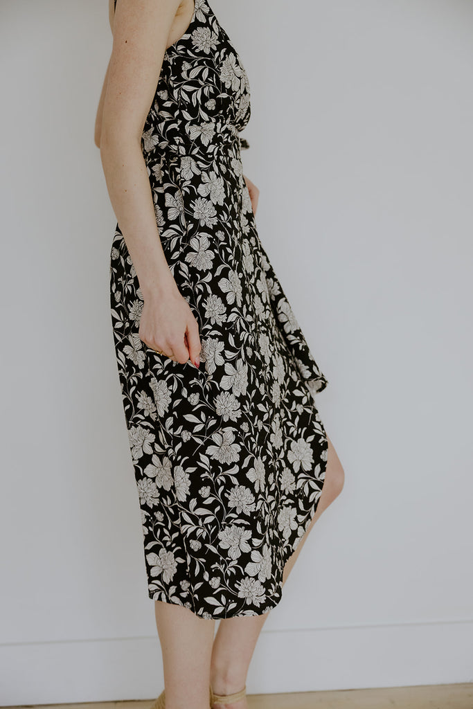Printed Faux Wrap Midi - Black