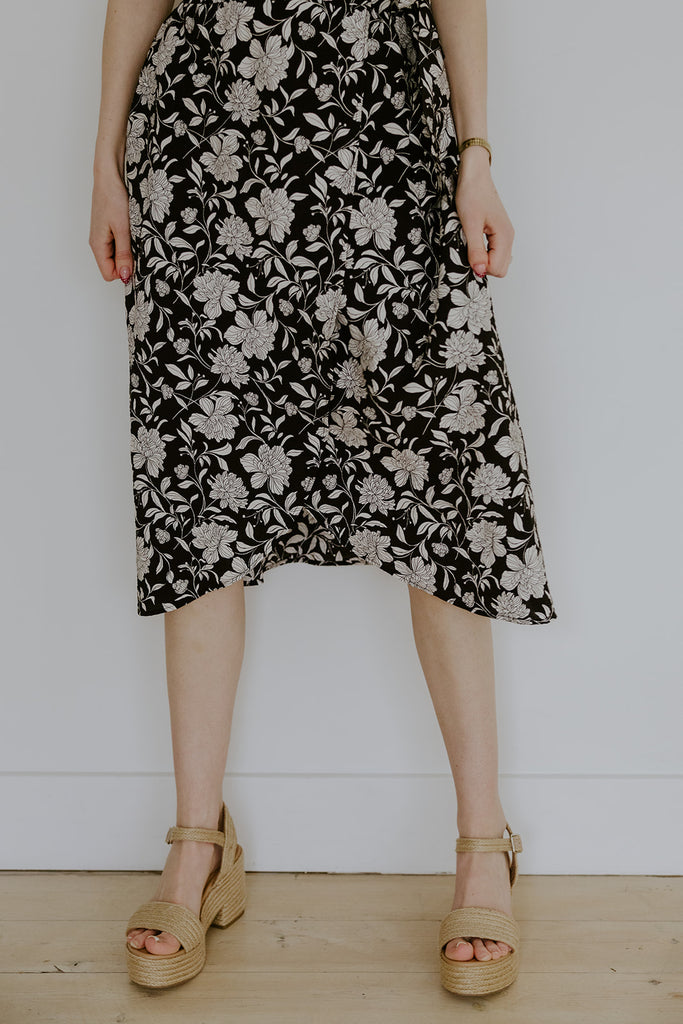 Printed Faux Wrap Midi - Black