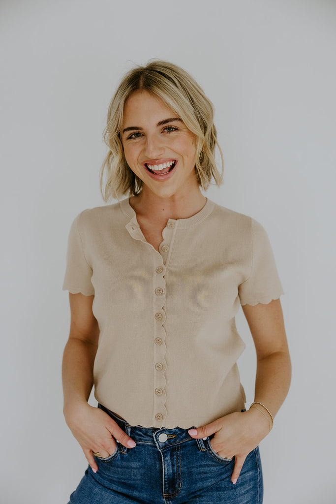 Scalloped Short Sleeve Cardi - Khaki