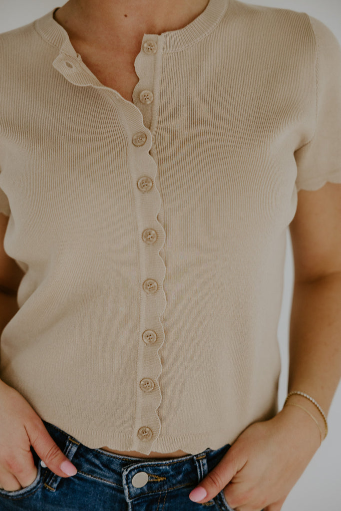 Scalloped Short Sleeve Cardi - Khaki