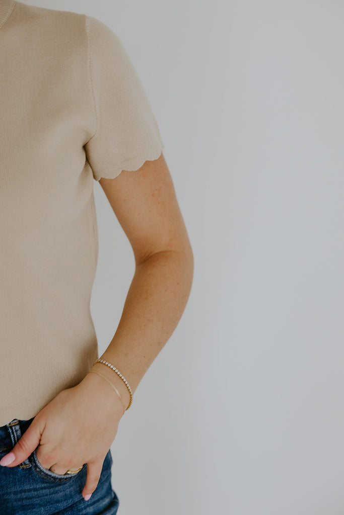 Scalloped Short Sleeve Cardi - Khaki