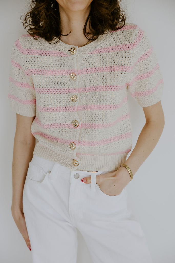 Striped Knit Short Sleeve Cardigan - Pink