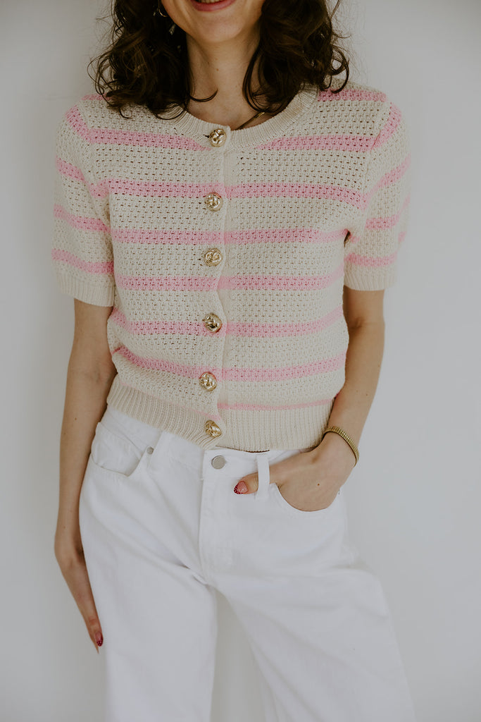 Striped Knit Short Sleeve Cardigan - Pink