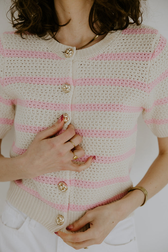 Striped Knit Short Sleeve Cardigan - Pink