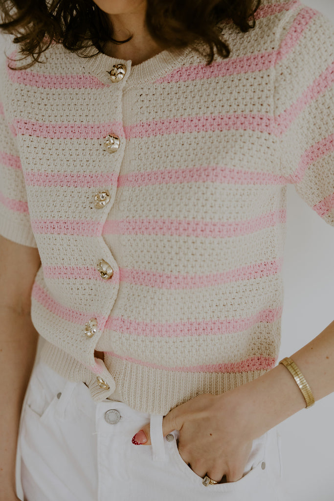 Striped Knit Short Sleeve Cardigan - Pink