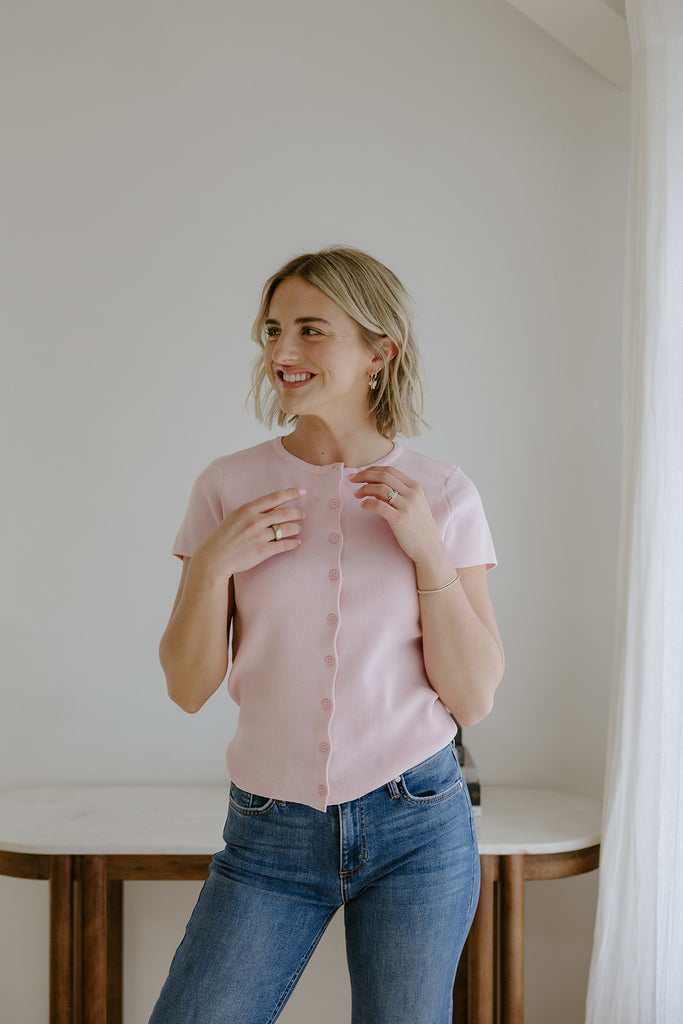 Short Sleeve Classic Cardigan - Pink