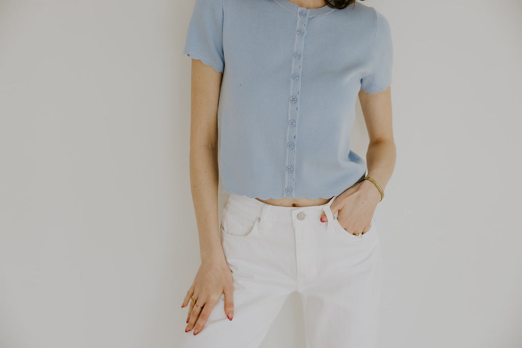 Scalloped Short Sleeve Cardi - Blue