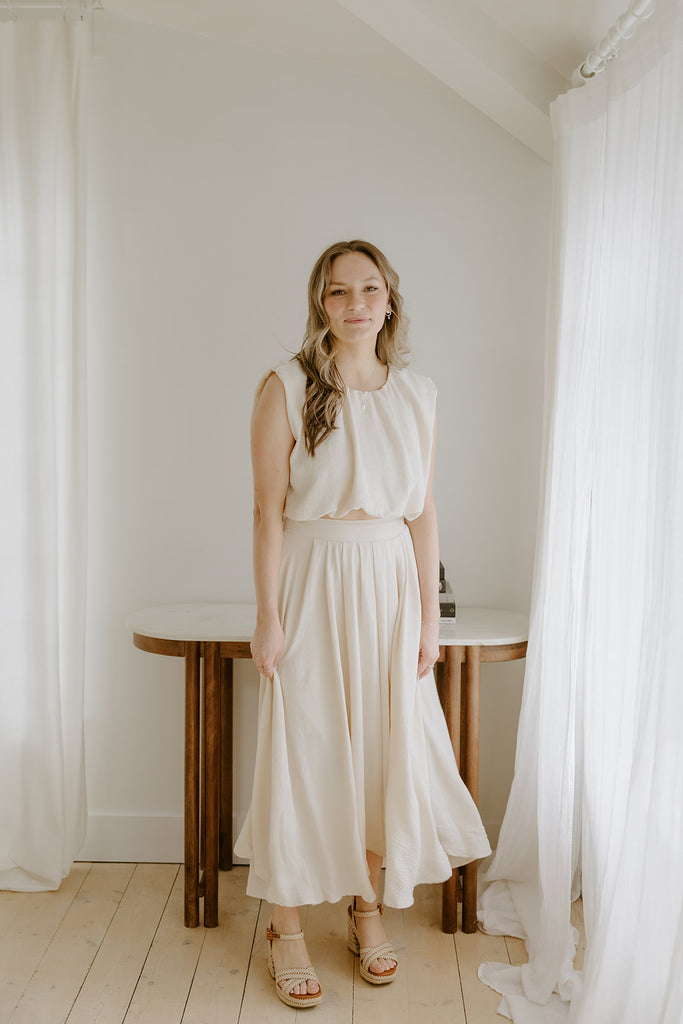 Bubble Top & Flowy Midi Skirt Set - Natural