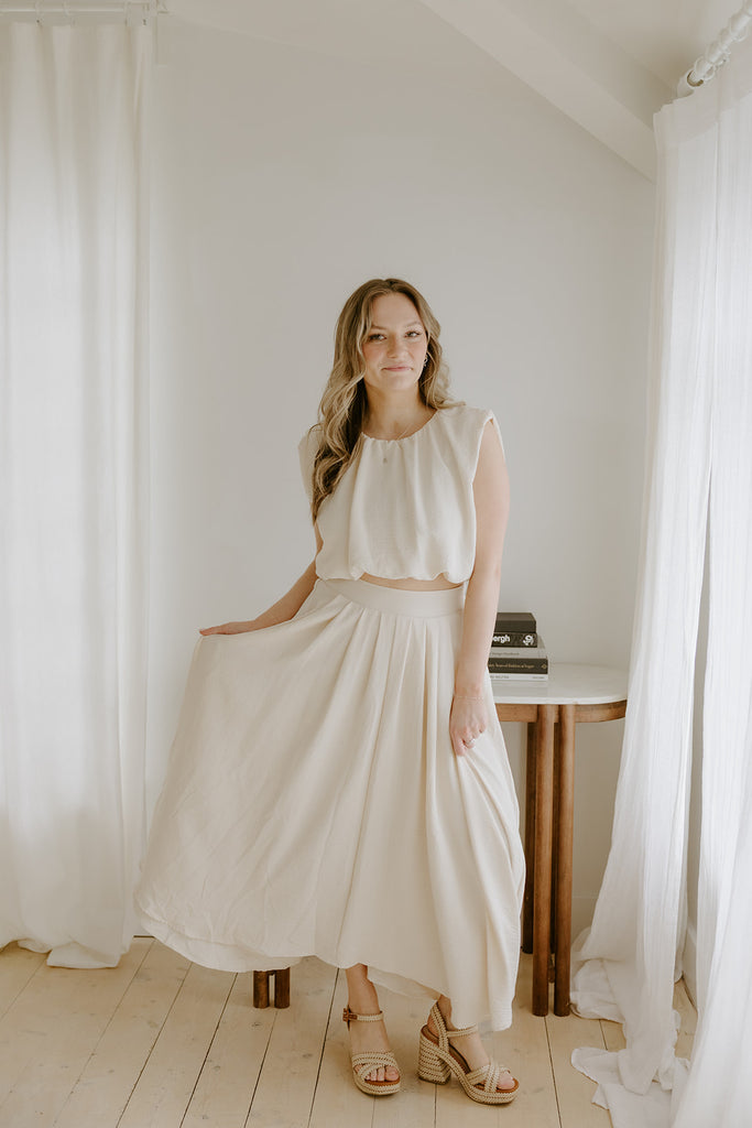 Bubble Top & Flowy Midi Skirt Set - Natural