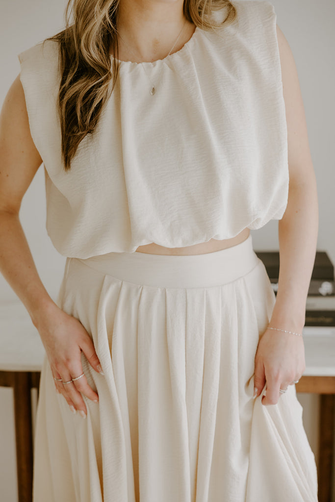 Bubble Top & Flowy Midi Skirt Set - Natural