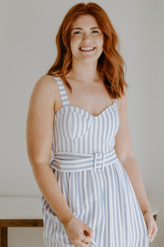 Stripe Corset Belted Midi Dress - Blue