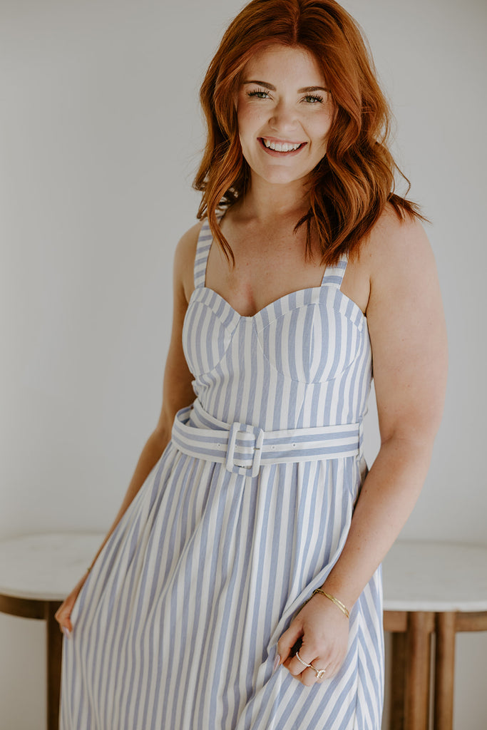 Stripe Corset Belted Midi Dress - Blue
