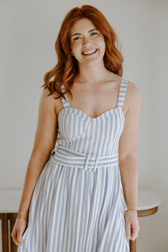 Stripe Corset Belted Midi Dress - Blue