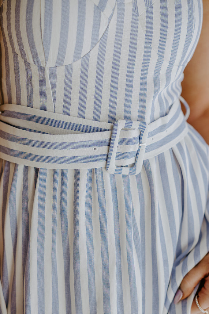 Stripe Corset Belted Midi Dress - Blue