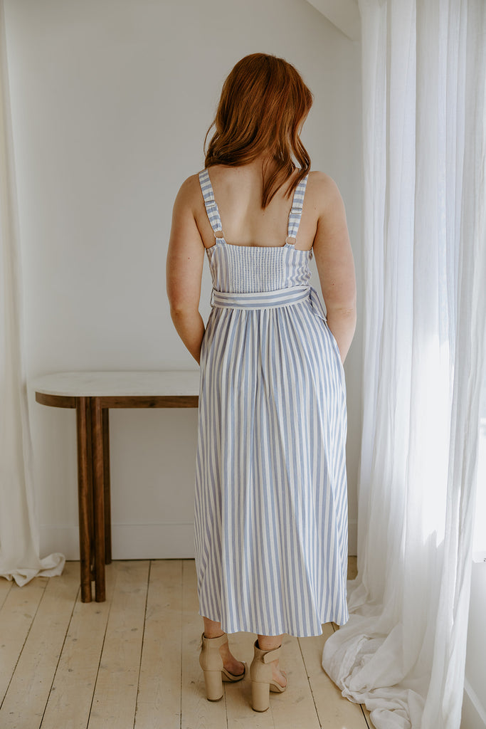 Stripe Corset Belted Midi Dress - Blue