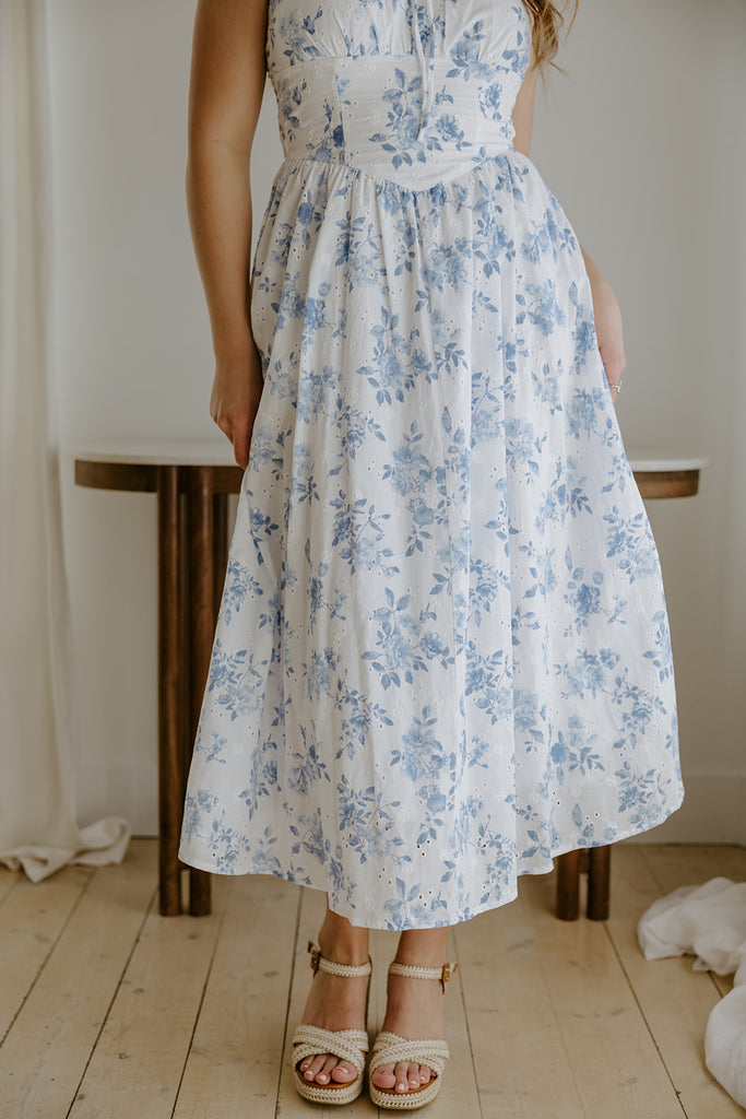Floral Front Tie Corset Midi Dress - Blue