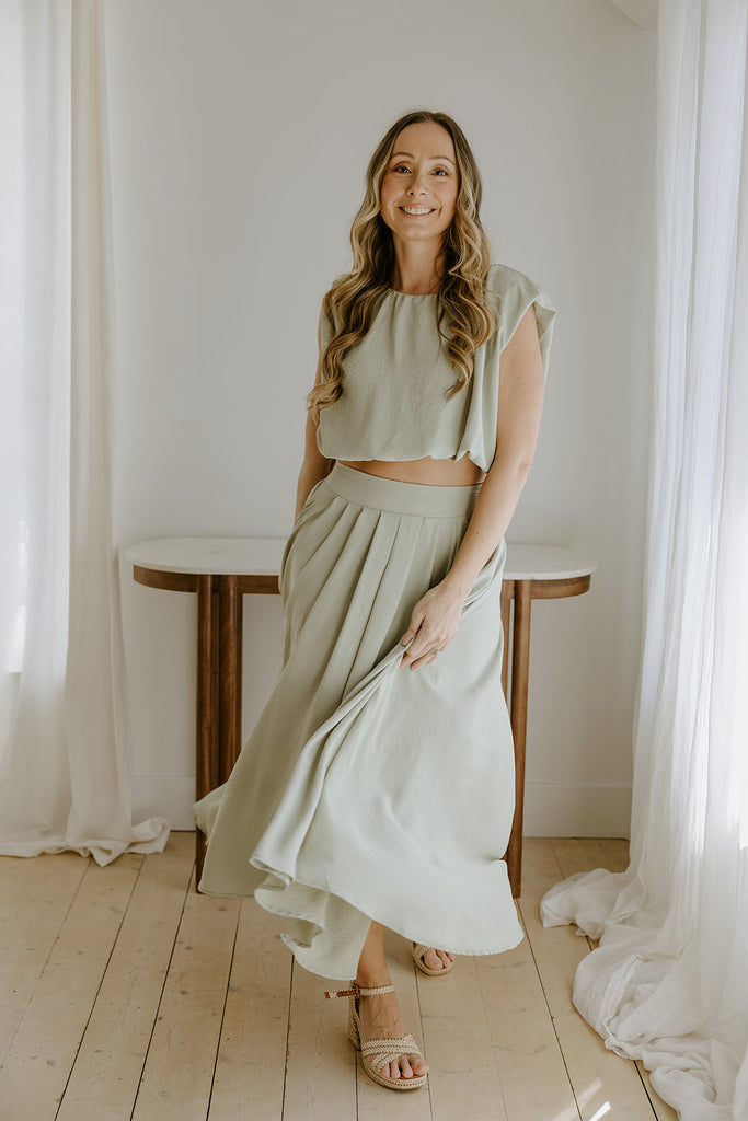 Bubble Top & Flowy Midi Skirt Set - Olive