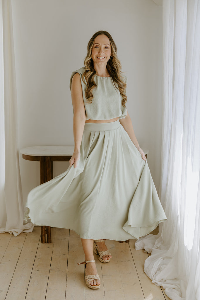 Bubble Top & Flowy Midi Skirt Set - Olive