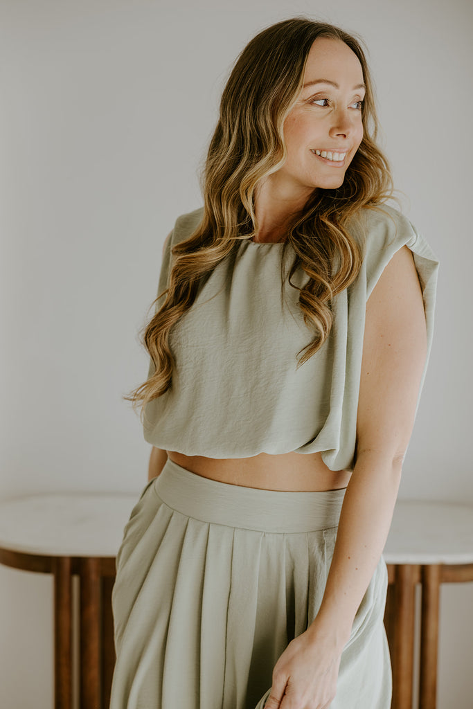 Bubble Top & Flowy Midi Skirt Set - Olive