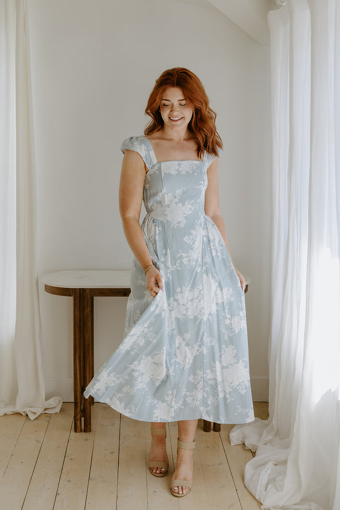 Floral Square Neck Light Blue Midi Dress