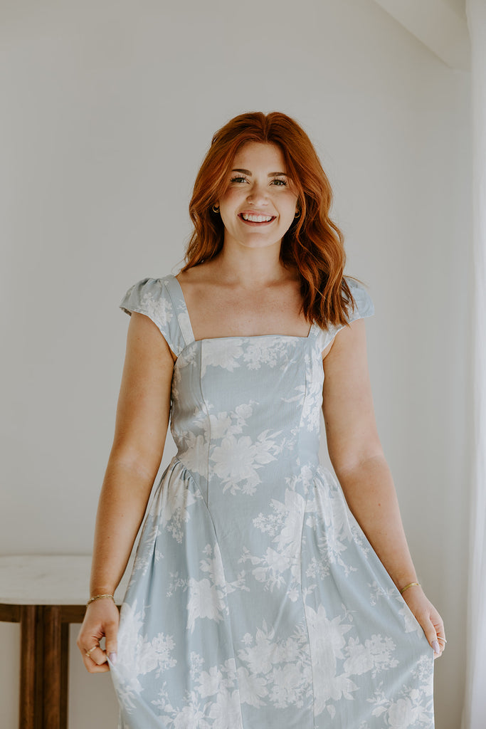 Floral Square Neck Light Blue Midi Dress