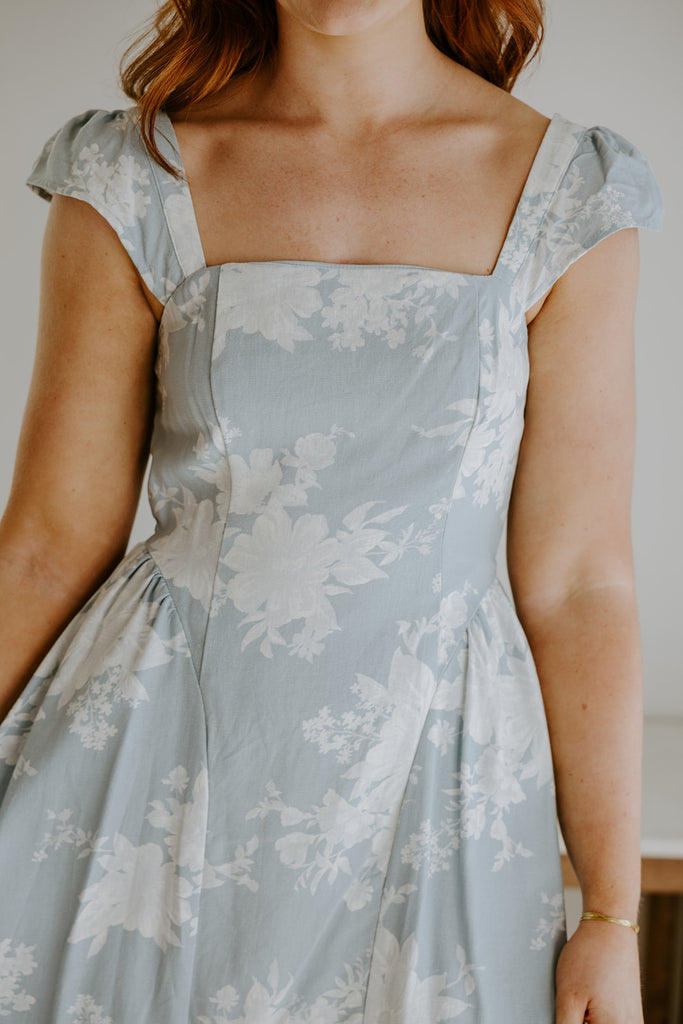 Floral Square Neck Light Blue Midi Dress