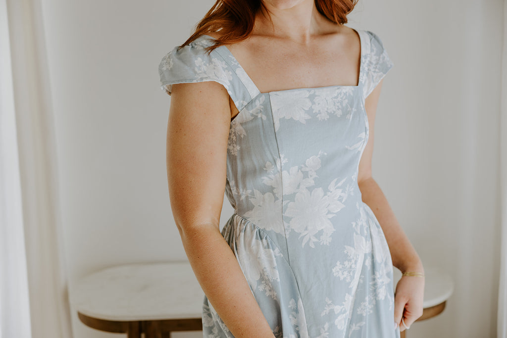 Floral Square Neck Light Blue Midi Dress