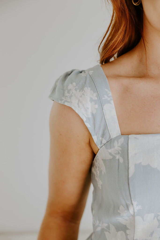 Floral Square Neck Light Blue Midi Dress