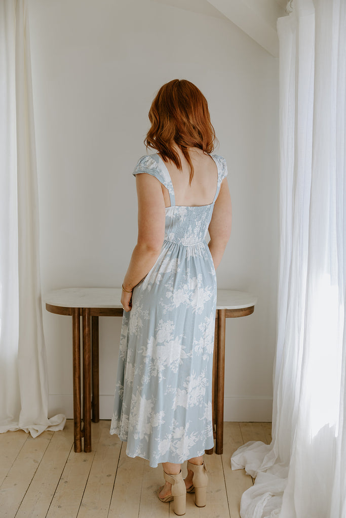 Floral Square Neck Light Blue Midi Dress