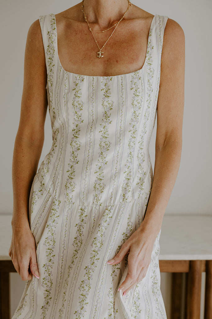 Sleeveless Front Tie Midi Dress - Ivory/Blue