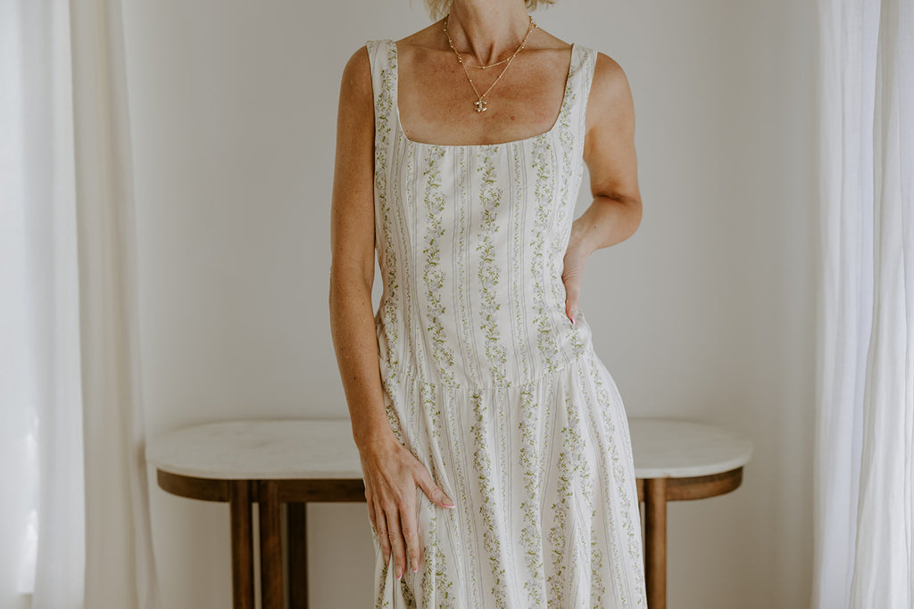 Sleeveless Front Tie Midi Dress - Ivory/Blue