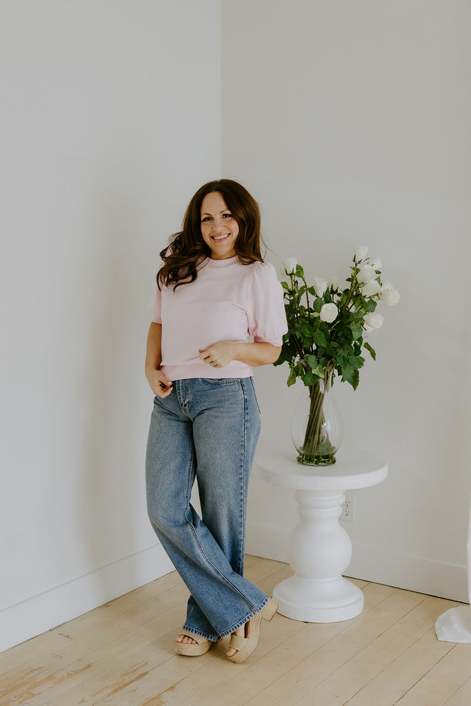 Sweater with Puff Sleeve - Pink