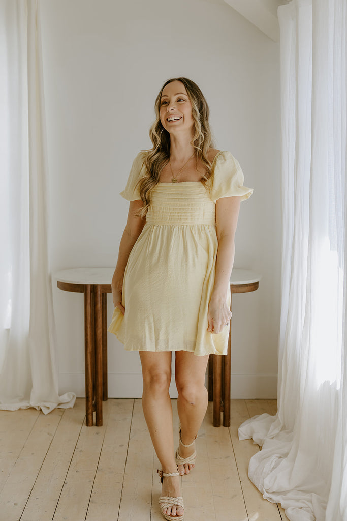Pleated Front Puff Sleeve Mini - Yellow