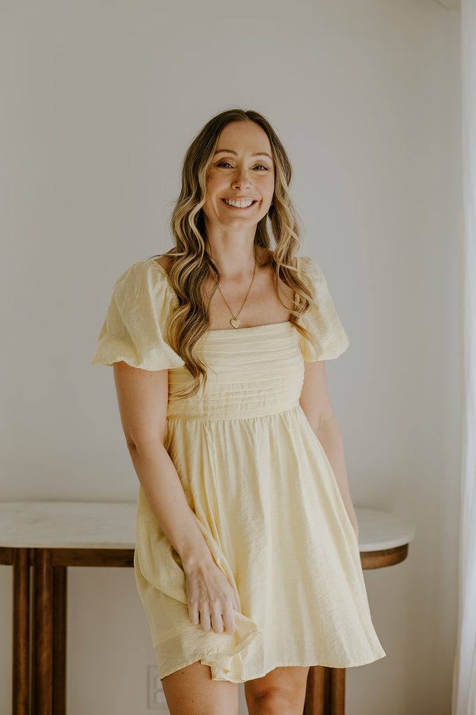 Pleated Front Puff Sleeve Mini - Yellow
