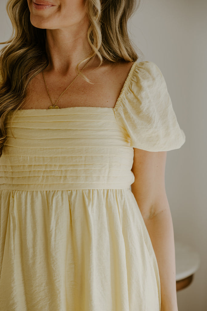 Pleated Front Puff Sleeve Mini - Yellow