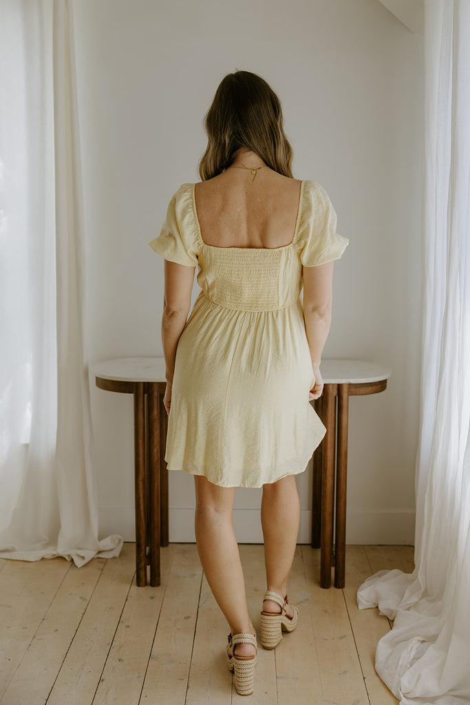 Pleated Front Puff Sleeve Mini - Yellow