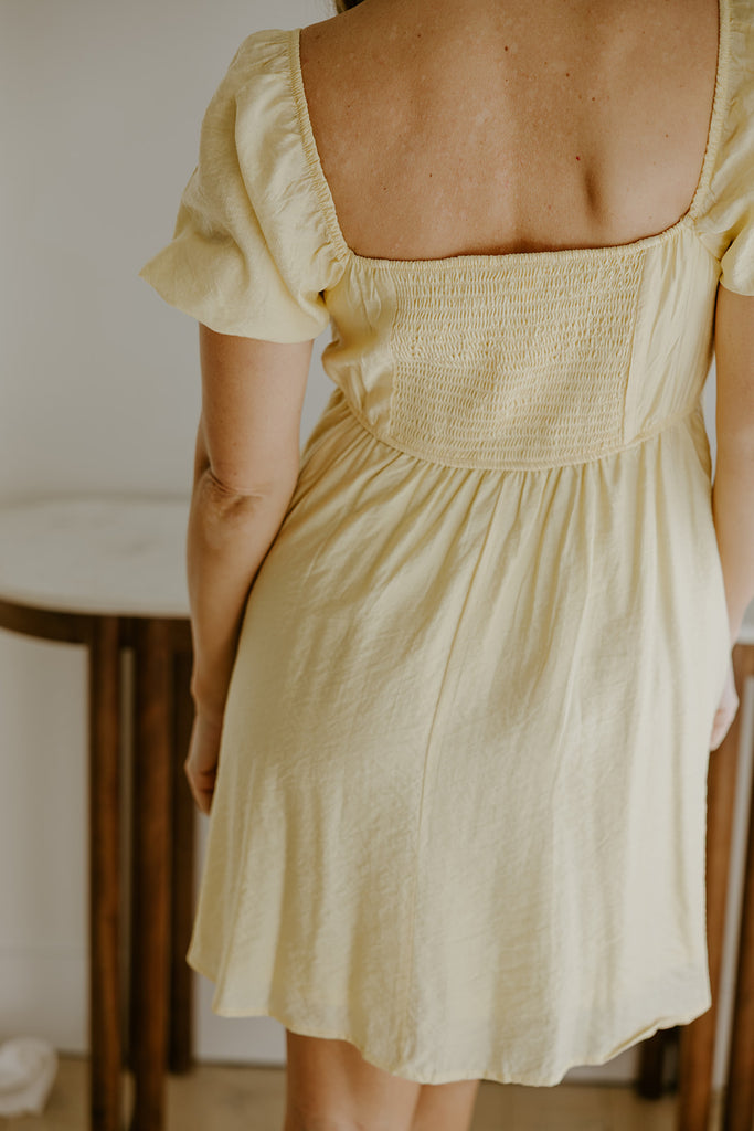 Pleated Front Puff Sleeve Mini - Yellow