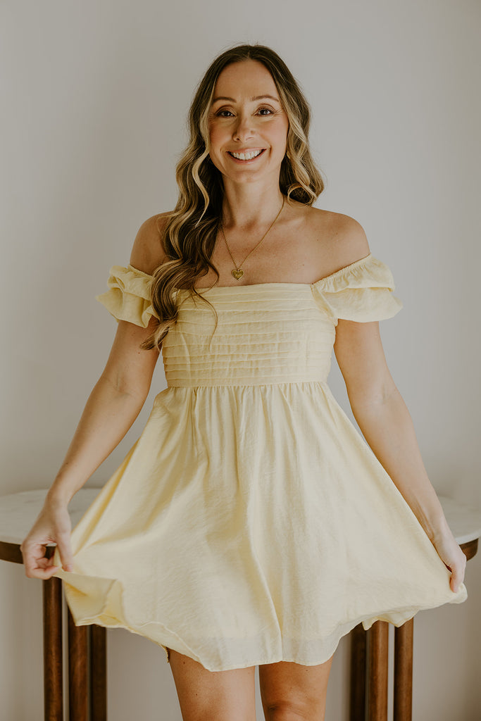 Pleated Front Puff Sleeve Mini - Yellow
