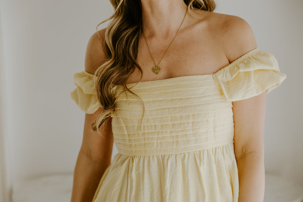 Pleated Front Puff Sleeve Mini - Yellow